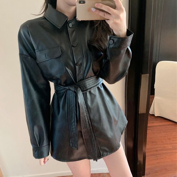 2021 new women loose fit black faux leather jacket moto biker belt single breasted long coat fashion street female outwear kfk4
2021 new women loose fit black faux leather jacket moto biker belt single breasted long coat fashion street female outwear kfk4