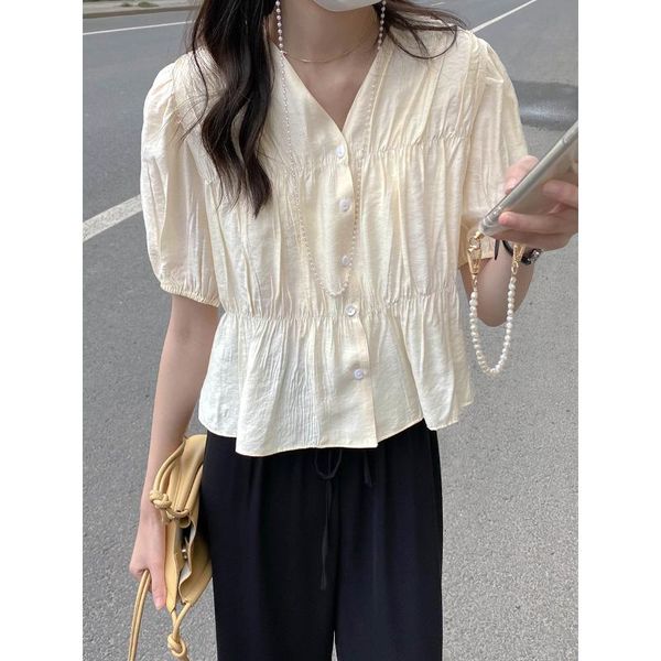 women's blouses & shirts 2021 summer style short-sleeved shirt french retro gentle puff sleeve pleated women, White
women's blouses & shirts 2021 summer style short-sleeved shirt french retro gentle puff sleeve pleated women, White