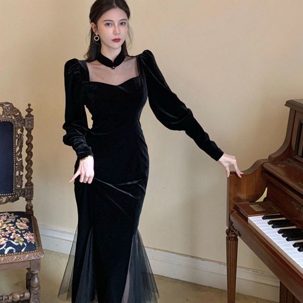 french vintage black dress women 2021 spring long sleeve slim evening party dress female gothic one piece dress koran winter y0118, Black;gray
french vintage black dress women 2021 spring long sleeve slim evening party dress female gothic one piece dress koran winter y0118, Black;gray