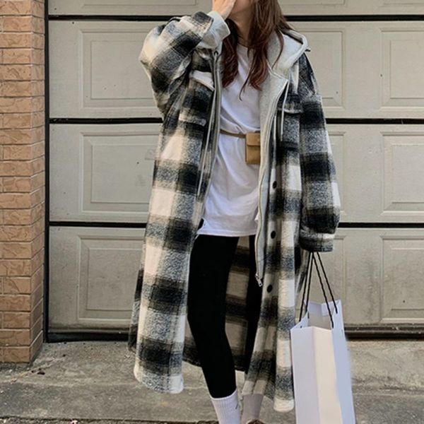 women's wool & blends women overcoat mid-length large plaid woolen coat stitching single breasted loose thin all-match fashion winter k, Black
women's wool & blends women overcoat mid-length large plaid woolen coat stitching single breasted loose thin all-match fashion winter k, Black