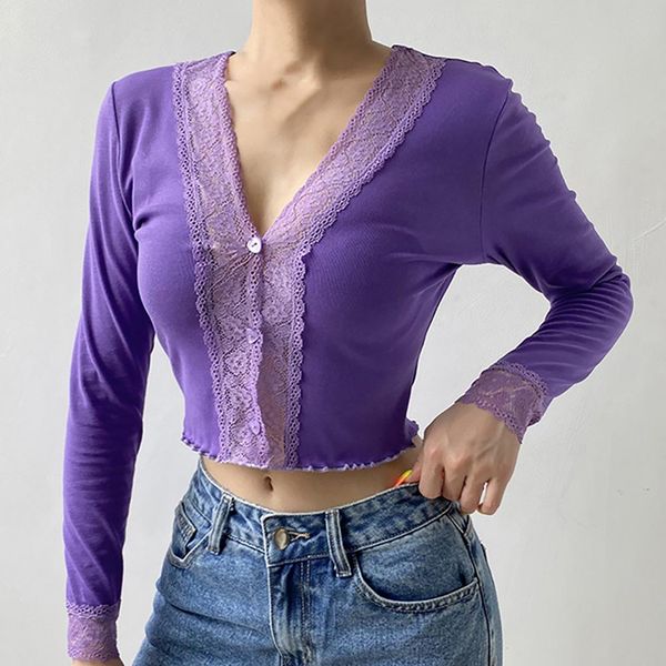 woman tshirts floral lace trim buttons long sleeve crop women v neck cropped t shirt women crop femme t-shirts, Gray
woman tshirts floral lace trim buttons long sleeve crop women v neck cropped t shirt women crop femme t-shirts, Gray