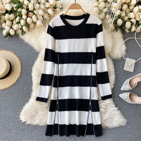 y design zipper split knitted dress women casual loose long sleeve jumper winter korean striped short sweater dresses, White;black
y design zipper split knitted dress women casual loose long sleeve jumper winter korean striped short sweater dresses, White;black
