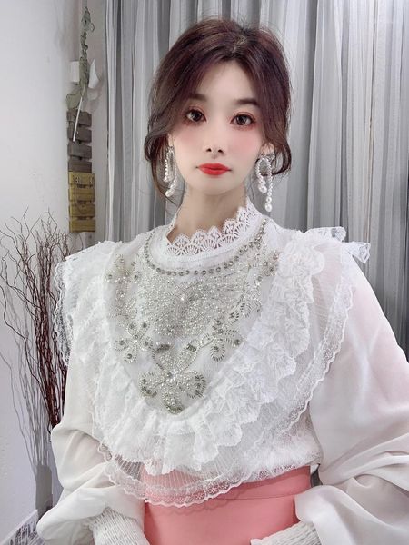 women's blouses & shirts european spring autumn heavy industry rhinestone lace stand beaded ruffled chiffon temperament shirt women 20, White
women's blouses & shirts european spring autumn heavy industry rhinestone lace stand beaded ruffled chiffon temperament shirt women 20, White