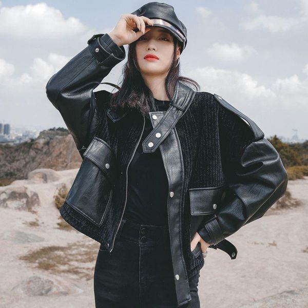 bottle new splicing motorcycle leather coat, loose, fashionable and handsome, standing collar women's short coat fashion, Black 
bottle new splicing motorcycle leather coat, loose, fashionable and handsome, standing collar women's short coat fashion, Black