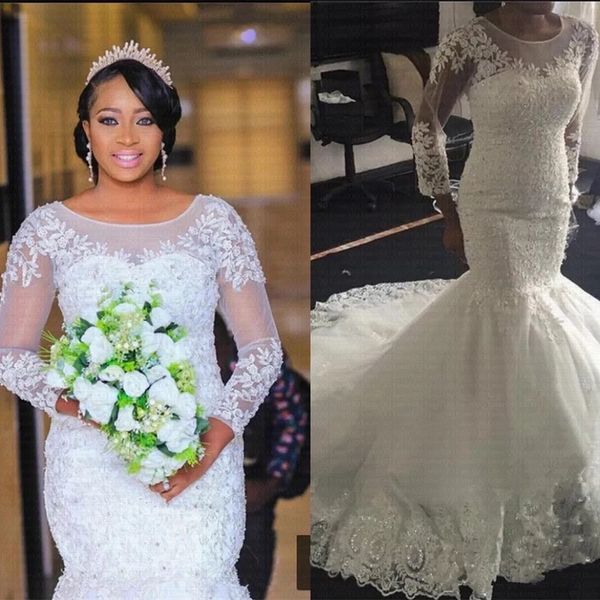 2022 vintage mermaid lace wedding gowns sheer long sleeves appliqued scoop neckline long train country african bridal dress, White
2022 vintage mermaid lace wedding gowns sheer long sleeves appliqued scoop neckline long train country african bridal dress, White
