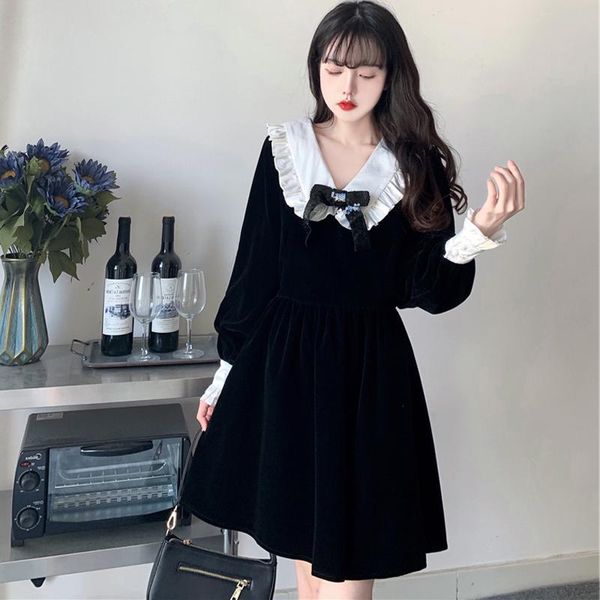 casual dresses autumn and winter velvet retro sweet foreign style close waist thin bow bubble sleeve doll collar long dress, Black;gray
casual dresses autumn and winter velvet retro sweet foreign style close waist thin bow bubble sleeve doll collar long dress, Black;gray