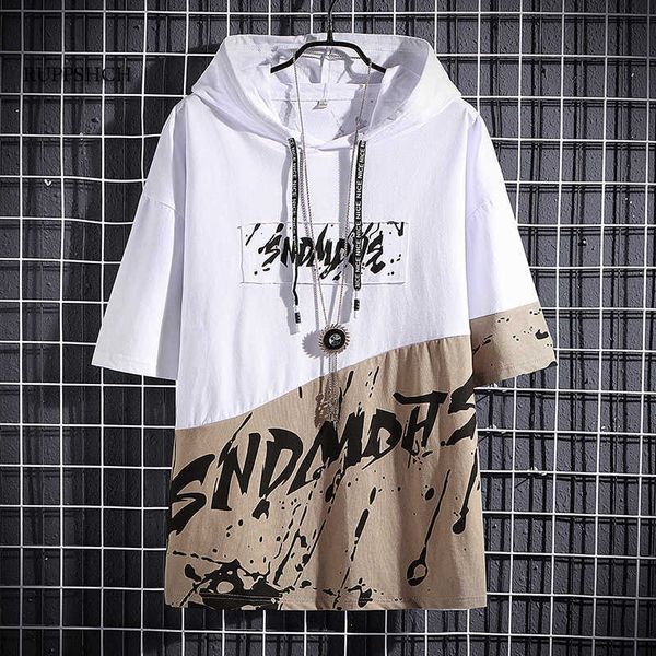 hooded t-shirt men's five-point sleeve short-sleeved summer loose letter stitching trend japanese men 210629, White;black
hooded t-shirt men's five-point sleeve short-sleeved summer loose letter stitching trend japanese men 210629, White;black