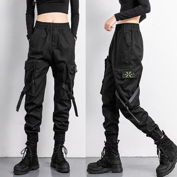 new 2021 women elastic waist loose streetwear cargo female fashion ankle-length jogging trousers ladies plus szie casual pants p8er sqpp, Black;white