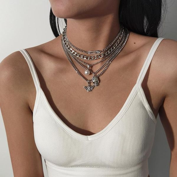 pendant necklaces simple exaggerated atmosphere micro-inlaid multilayer necklace punk hip-hop style pin skull for women jewelry gift, Silver 
pendant necklaces simple exaggerated atmosphere micro-inlaid multilayer necklace punk hip-hop style pin skull for women jewelry gift, Silver
