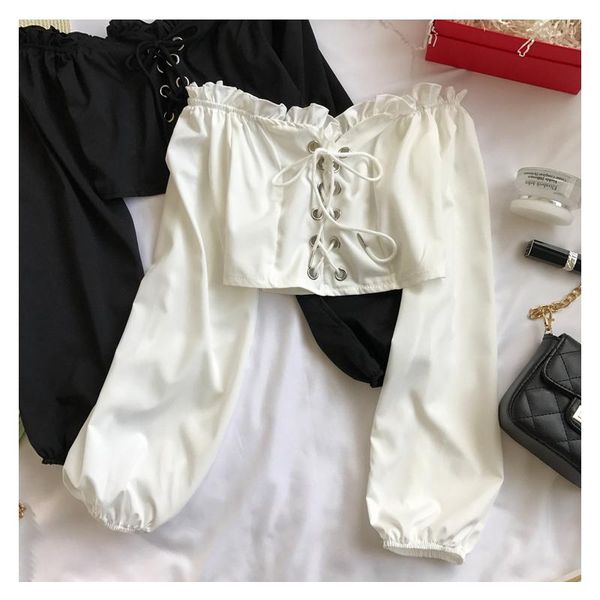 women's t-shirt fashion women strapless tee shirts ruffles long sleeve casual lace up t-shirts for short tees, White
women's t-shirt fashion women strapless tee shirts ruffles long sleeve casual lace up t-shirts for short tees, White