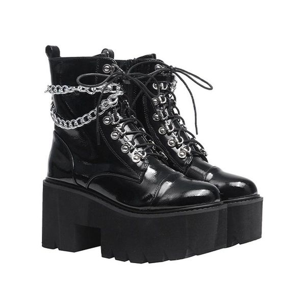 boots thick water platform women's bottom lace up zipper metal chain slope heel high, Black
boots thick water platform women's bottom lace up zipper metal chain slope heel high, Black