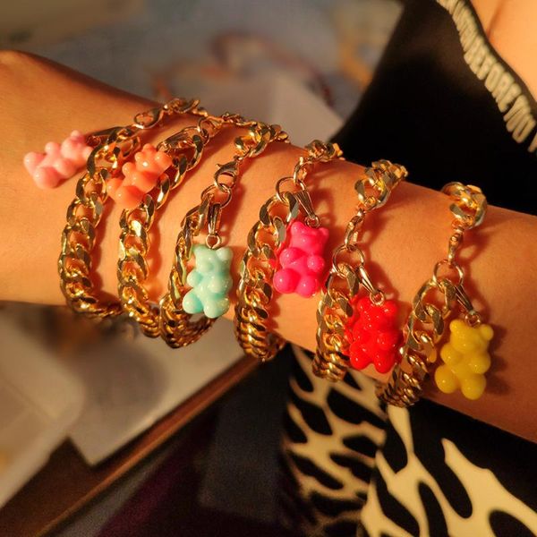 link, chain 2021 trendy cartoon resin bear charm bracelets for women colorful gummy cuban link bracelet couple girls wrist gifts, Black
link, chain 2021 trendy cartoon resin bear charm bracelets for women colorful gummy cuban link bracelet couple girls wrist gifts, Black