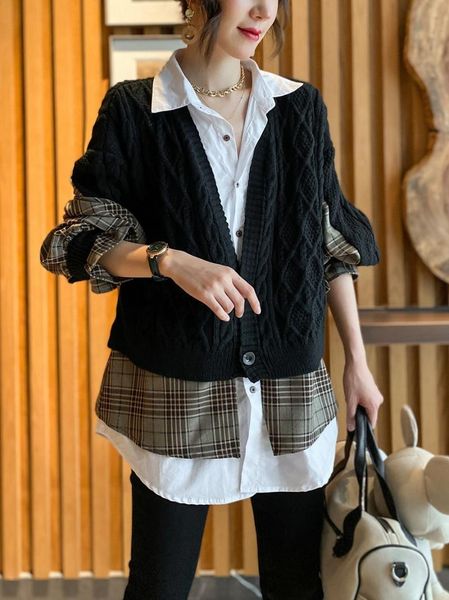 women's polos spring and autumn shirt stitching wool sweater women fake two sweaters, White
women's polos spring and autumn shirt stitching wool sweater women fake two sweaters, White