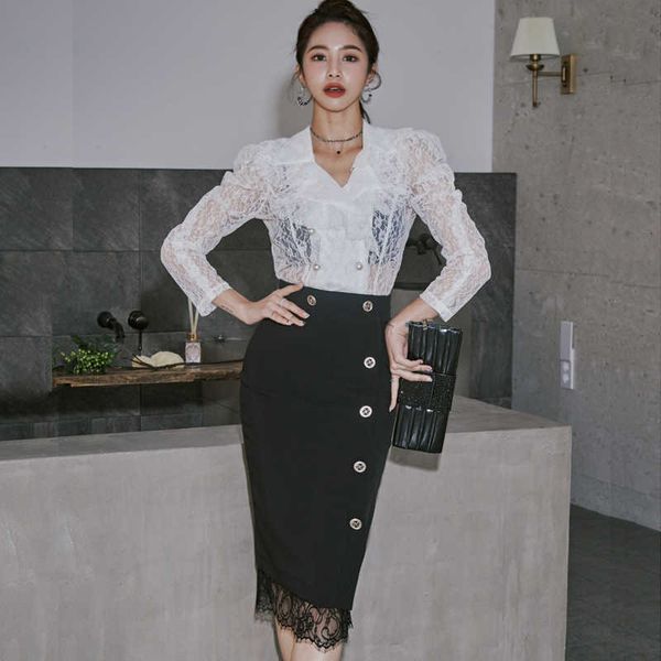 autumn spring women suits long puff sleeve see through lace shirt +slim fit hip midi skirt elegant office two piece set 210529, White
autumn spring women suits long puff sleeve see through lace shirt +slim fit hip midi skirt elegant office two piece set 210529, White