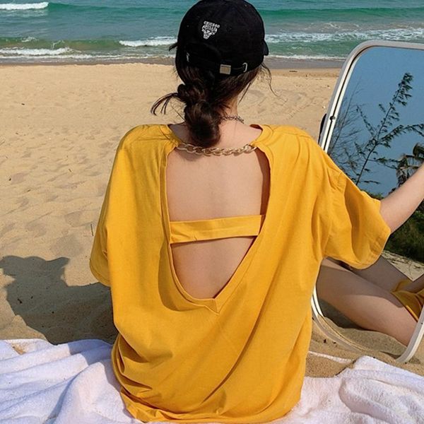 women's t-shirt solid o-neck open back korean simple loose woman casual slimming short-sleeved tees ladies summer 2021, White
women's t-shirt solid o-neck open back korean simple loose woman casual slimming short-sleeved tees ladies summer 2021, White