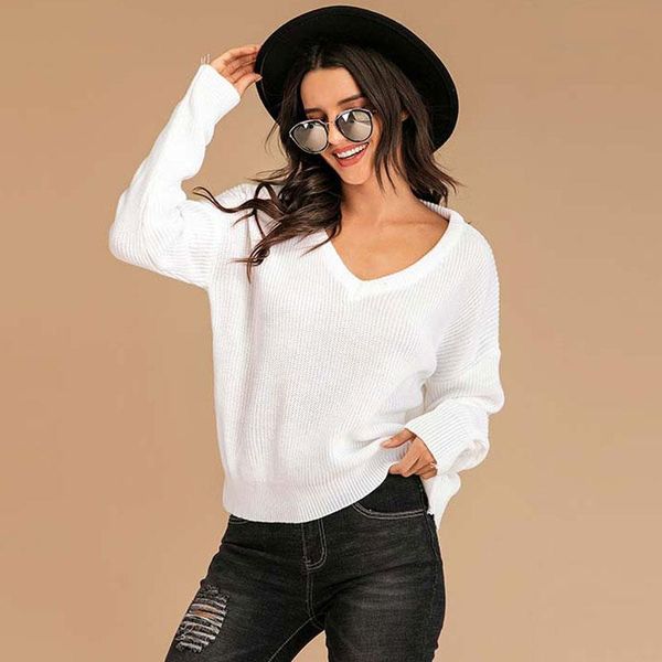 women's sweaters 2021 autumn white sweater pullover women jumper ladies winter v neck long sleeve loose for, White;black
women's sweaters 2021 autumn white sweater pullover women jumper ladies winter v neck long sleeve loose for, White;black