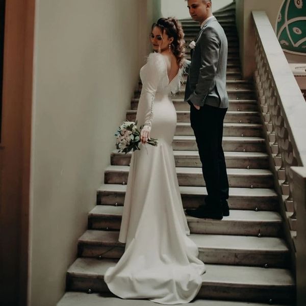 a line long sleeves wedding dresses bridal gowns satin backless dresses real image, White
a line long sleeves wedding dresses bridal gowns satin backless dresses real image, White