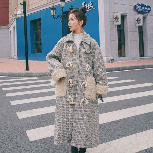 women's wool & blends loose long over knee chic winter real s horn buckle plaid lamb woolen coat, Black
women's wool & blends loose long over knee chic winter real s horn buckle plaid lamb woolen coat, Black
