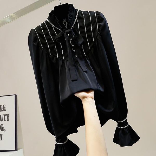 women's blouses & shirts black shirt fashion ladies ruffle stand collar lace up flare sleeve diamonds chains decoration silk white blou
women's blouses & shirts black shirt fashion ladies ruffle stand collar lace up flare sleeve diamonds chains decoration silk white blou