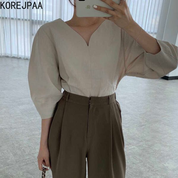 korejpaa women shirt summer korean chic ladies minimalism v-neck solid color loose versatile seven-point puff sleeve blouse 210526, White
korejpaa women shirt summer korean chic ladies minimalism v-neck solid color loose versatile seven-point puff sleeve blouse 210526, White