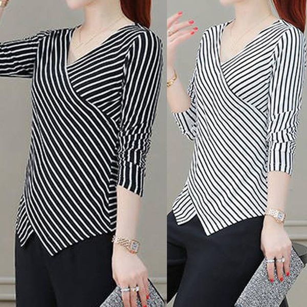 women's t-shirt stripe v-neck women t-shirts slim irregularity oversized office lady long sleeve summer camisetas de mujer, White
women's t-shirt stripe v-neck women t-shirts slim irregularity oversized office lady long sleeve summer camisetas de mujer, White