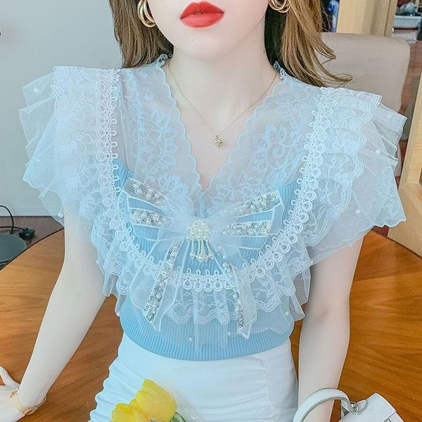 women's blouses & shirts 2021 summer style knitted stitching beaded short-sleeved bow-knot ruffled fashion western-style small shirt bl, White
women's blouses & shirts 2021 summer style knitted stitching beaded short-sleeved bow-knot ruffled fashion western-style small shirt bl, White
