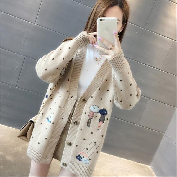 women sweaters autumn winter outerwear sweater v neck casual knit cardigans cartoon embroidery long sleeve korean loose cardigan, White;black
women sweaters autumn winter outerwear sweater v neck casual knit cardigans cartoon embroidery long sleeve korean loose cardigan, White;black