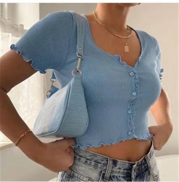 women's t-shirt stretchy ruffle sleeve crop women 2021 summer button green blue tight rib-knitted plain sexy, White
women's t-shirt stretchy ruffle sleeve crop women 2021 summer button green blue tight rib-knitted plain sexy, White