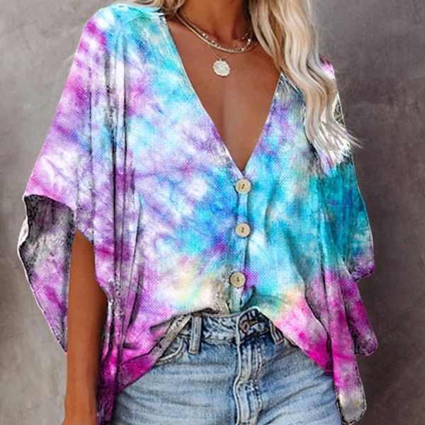 women's t-shirt tie dye short sleeve t-shirts loose breathable v-neck bat digital printing button shirt t oversize, White
women's t-shirt tie dye short sleeve t-shirts loose breathable v-neck bat digital printing button shirt t oversize, White