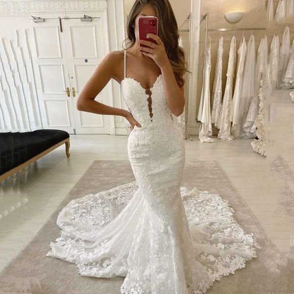 spaghetti lace mermaid wedding dress bridal gowns deep v neck appliqued sweep train backless tulle bride dresses, White
spaghetti lace mermaid wedding dress bridal gowns deep v neck appliqued sweep train backless tulle bride dresses, White