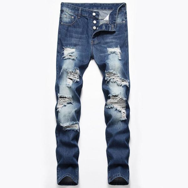 men's jeans ripped hip hop men cotton and denim knee hole leisure style fashion brand motorcycle male, Blue
men's jeans ripped hip hop men cotton and denim knee hole leisure style fashion brand motorcycle male, Blue