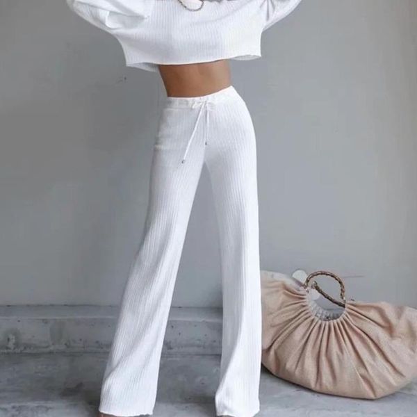 women's two piece pants 2 set homewear casuak o-neck long sleeve shirt loose lace up trouser 2021 spring autumn fashion cotton solid, White