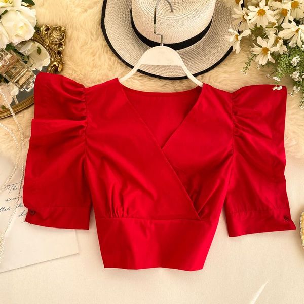 women's blouses & shirts ruffles sleeved solid women blouse summer v-neck short-sleeved short high waist office lady elegant pulls, White
women's blouses & shirts ruffles sleeved solid women blouse summer v-neck short-sleeved short high waist office lady elegant pulls, White
