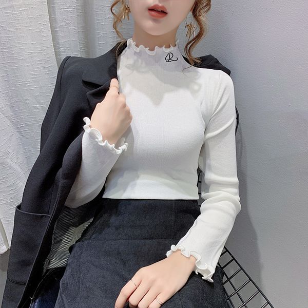 2021 new fall winter korean clothes knitted sweater chic solid ruffles letter ropa mujer bottoming shirt all match t00609a jsn6, White;black
2021 new fall winter korean clothes knitted sweater chic solid ruffles letter ropa mujer bottoming shirt all match t00609a jsn6, White;black