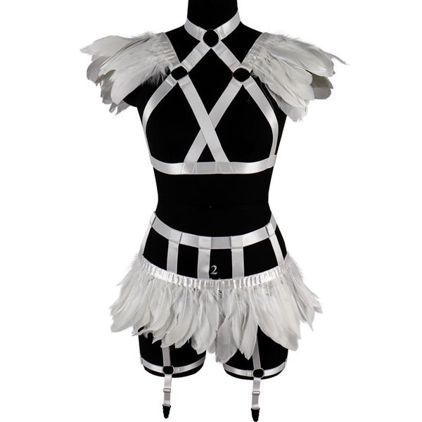 bras sets harajuku feather harness lingerie 2 piece set body suspenders chest cage bra gothic women high waist skirt club costumes, Red;black
bras sets harajuku feather harness lingerie 2 piece set body suspenders chest cage bra gothic women high waist skirt club costumes, Red;black