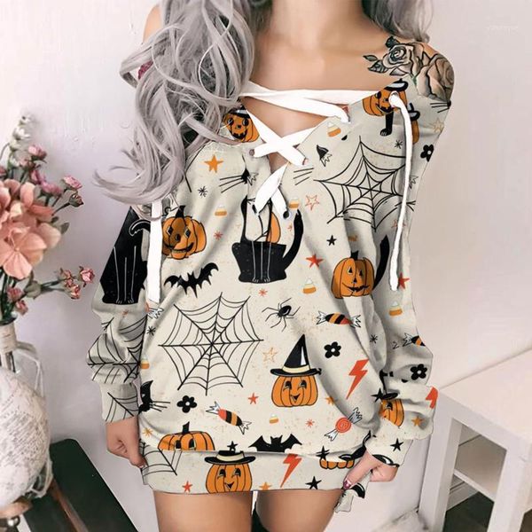 

casual dresses fashsiualy ladies 2021 fashion cartoon pumpkin printing robe woman off the shoulder strappy long sleeves dress, Black;gray
