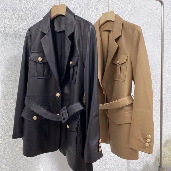 women's leather & faux women genuine jackets slim sheepskin coats elegant tie belt waist pockets gold button vintage motor biker, Black
women's leather & faux women genuine jackets slim sheepskin coats elegant tie belt waist pockets gold button vintage motor biker, Black