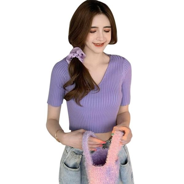women's t-shirt women knitted t shirt short v neck solid leisure sleeve slim tshirt, White
women's t-shirt women knitted t shirt short v neck solid leisure sleeve slim tshirt, White