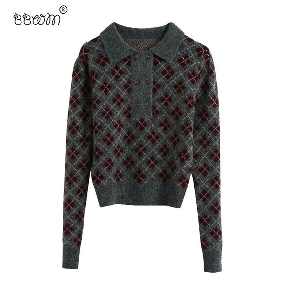women fashion chic argyle cropped knitted pullovers vintage lapel collar long sleeve buttons sweater female jumpers 210531, White
women fashion chic argyle cropped knitted pullovers vintage lapel collar long sleeve buttons sweater female jumpers 210531, White