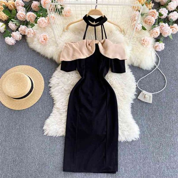 women patchwork halter strappy off-shoulder short sleeve party dress summer elegant vintage style slim club vestidos 210603, Black;gray
women patchwork halter strappy off-shoulder short sleeve party dress summer elegant vintage style slim club vestidos 210603, Black;gray