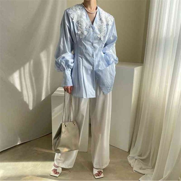 women's two piece pants korean fashion lantern sleeve v neck lace blue long shirt women button up black ladies and blouse 2021, White
women's two piece pants korean fashion lantern sleeve v neck lace blue long shirt women button up black ladies and blouse 2021, White