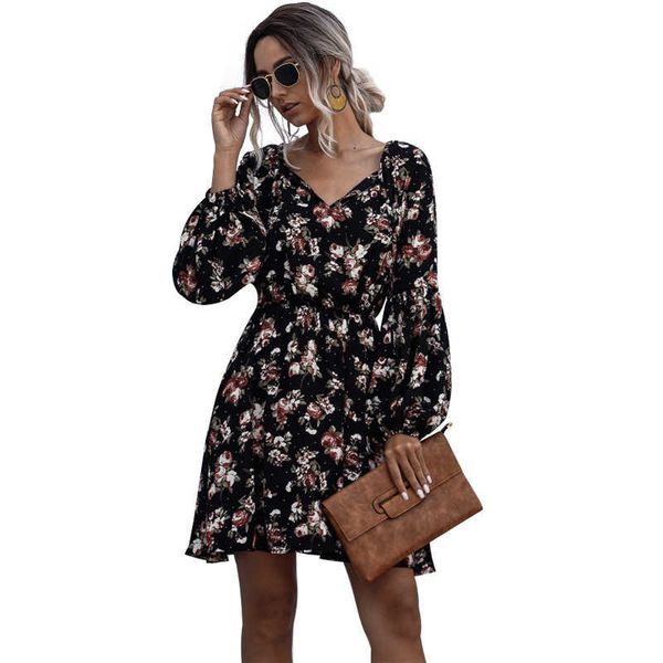 long sleeve v neck floral print high waist folds elegant dress women casual streetwear loose bandage boho beach dresses 210608, Black;gray
long sleeve v neck floral print high waist folds elegant dress women casual streetwear loose bandage boho beach dresses 210608, Black;gray