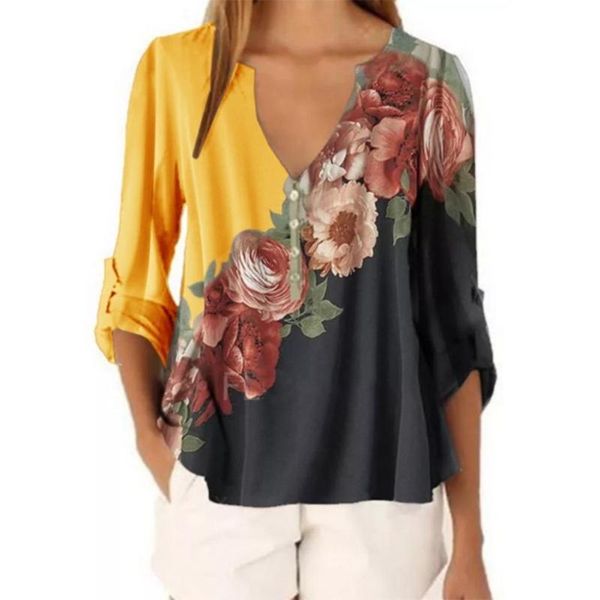women's blouses & shirts vintage women t-shirt three quarter sleeve floral v neck print color block loose tee t for female, White
women's blouses & shirts vintage women t-shirt three quarter sleeve floral v neck print color block loose tee t for female, White