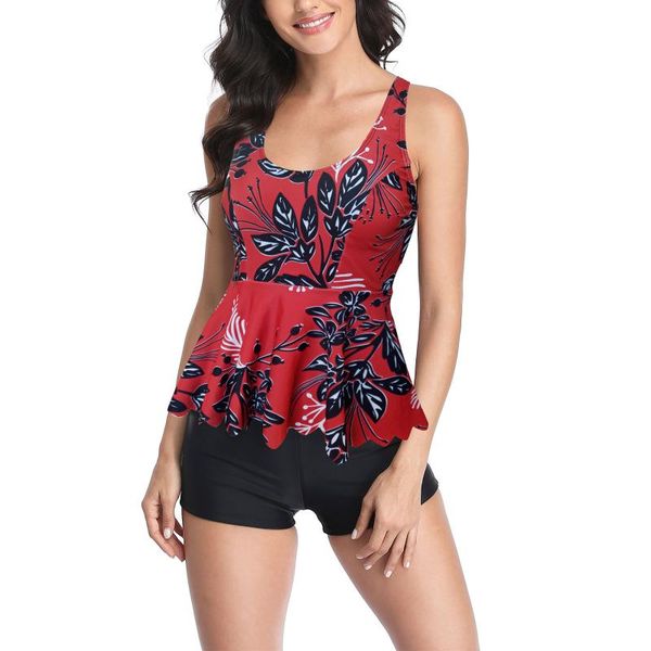 women's swimwear 2 pcs women bathing suits, adults sleeveless u-shaped neck scalloped hem printed + solid color boxers, White;black
women's swimwear 2 pcs women bathing suits, adults sleeveless u-shaped neck scalloped hem printed + solid color boxers, White;black