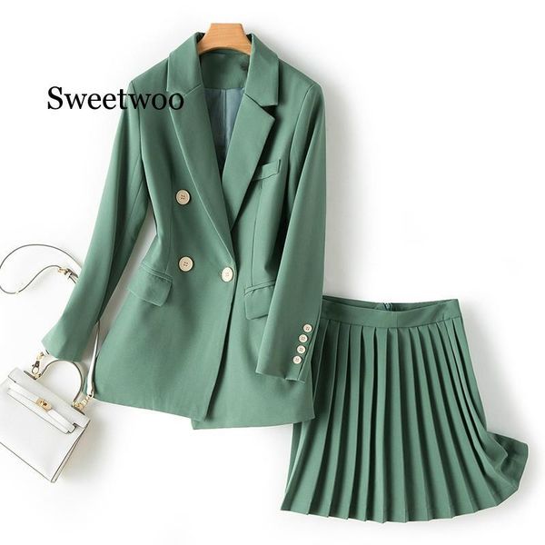 two piece dress women's sets chic single button solid blazer high waist pleated skirt set fashion women 2, White
two piece dress women's sets chic single button solid blazer high waist pleated skirt set fashion women 2, White