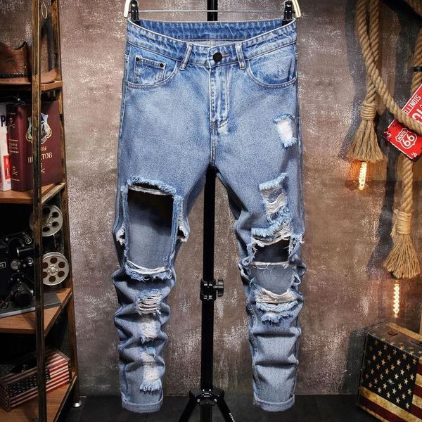 men's jeans spring and summer men casual male big hole denim pants high street hip hop man ripped trousers straight loose, Blue
men's jeans spring and summer men casual male big hole denim pants high street hip hop man ripped trousers straight loose, Blue