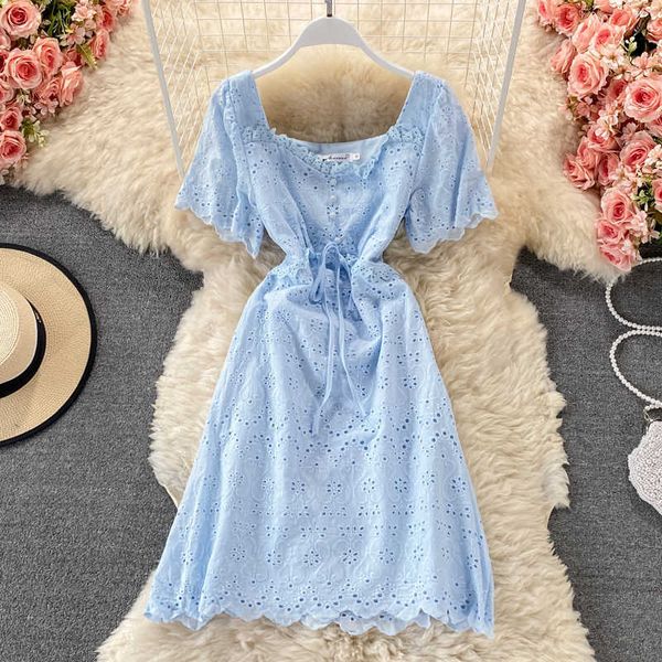 summer vintage blue/white/beige hollow out mini dress women elegant short sleeve high waist drawstring a-line vestidos 2021 new y0603, Black;gray
summer vintage blue/white/beige hollow out mini dress women elegant short sleeve high waist drawstring a-line vestidos 2021 new y0603, Black;gray