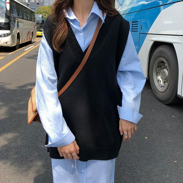 women's sweaters solid elegant sleeveless loose v-neck pullovers women vintage vest preppy korean casua sweater over sized female outwe, White;black
women's sweaters solid elegant sleeveless loose v-neck pullovers women vintage vest preppy korean casua sweater over sized female outwe, White;black