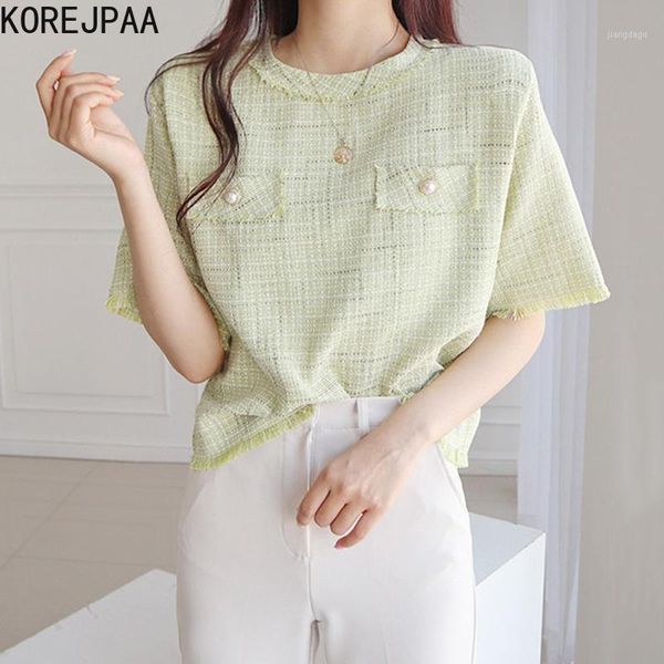 women's blouses & shirts korejpaa women shirt 2021 summer korean chic french temperament round neck fringed edge woolen texture short-s, White
women's blouses & shirts korejpaa women shirt 2021 summer korean chic french temperament round neck fringed edge woolen texture short-s, White