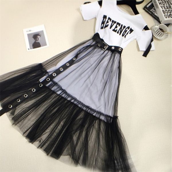 summer new women's letter print strapless long t-shirt +mesh see through skirt 2 piece sets fashion belt skirts suits 210204, White
summer new women's letter print strapless long t-shirt +mesh see through skirt 2 piece sets fashion belt skirts suits 210204, White